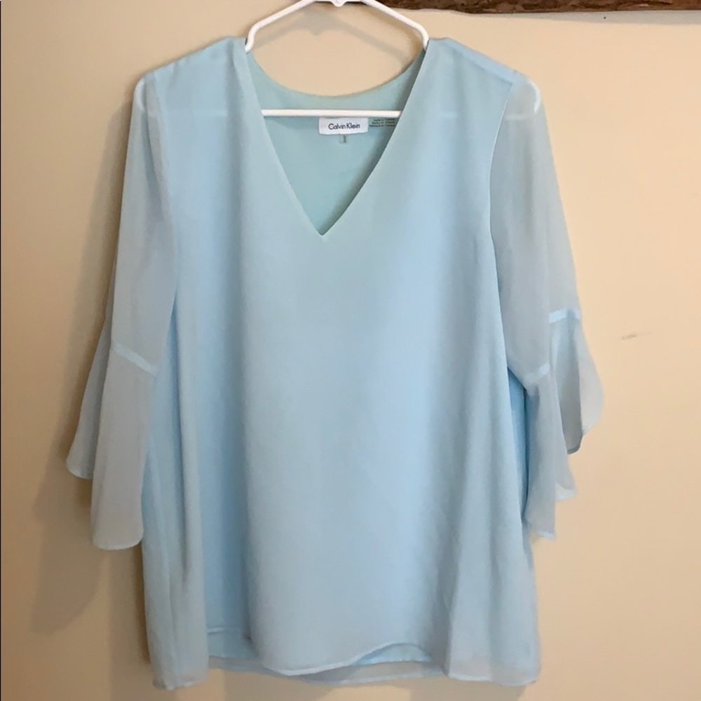 Calvin Klein light blue bell sleeve blouse